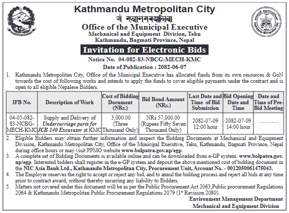 Invitation For Electronic Bids For Supply And Delivery Of Undercarriage Parts For Jcb 140 Excavator