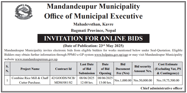 Invitation For Online Bids For Combine Rice Mill & Chaff Cutter Purchase