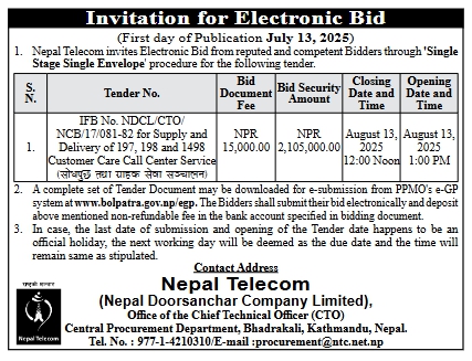 Invitation for Electronic Bid for Supply and Delivery of Customer Care Call Center Service