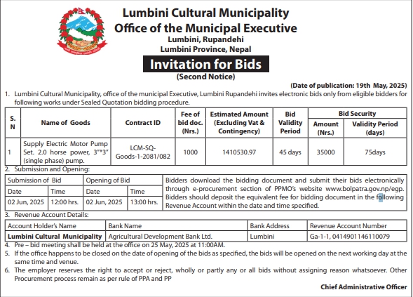 Invitation for Bids For Supply Of Electric Motor Pump Set