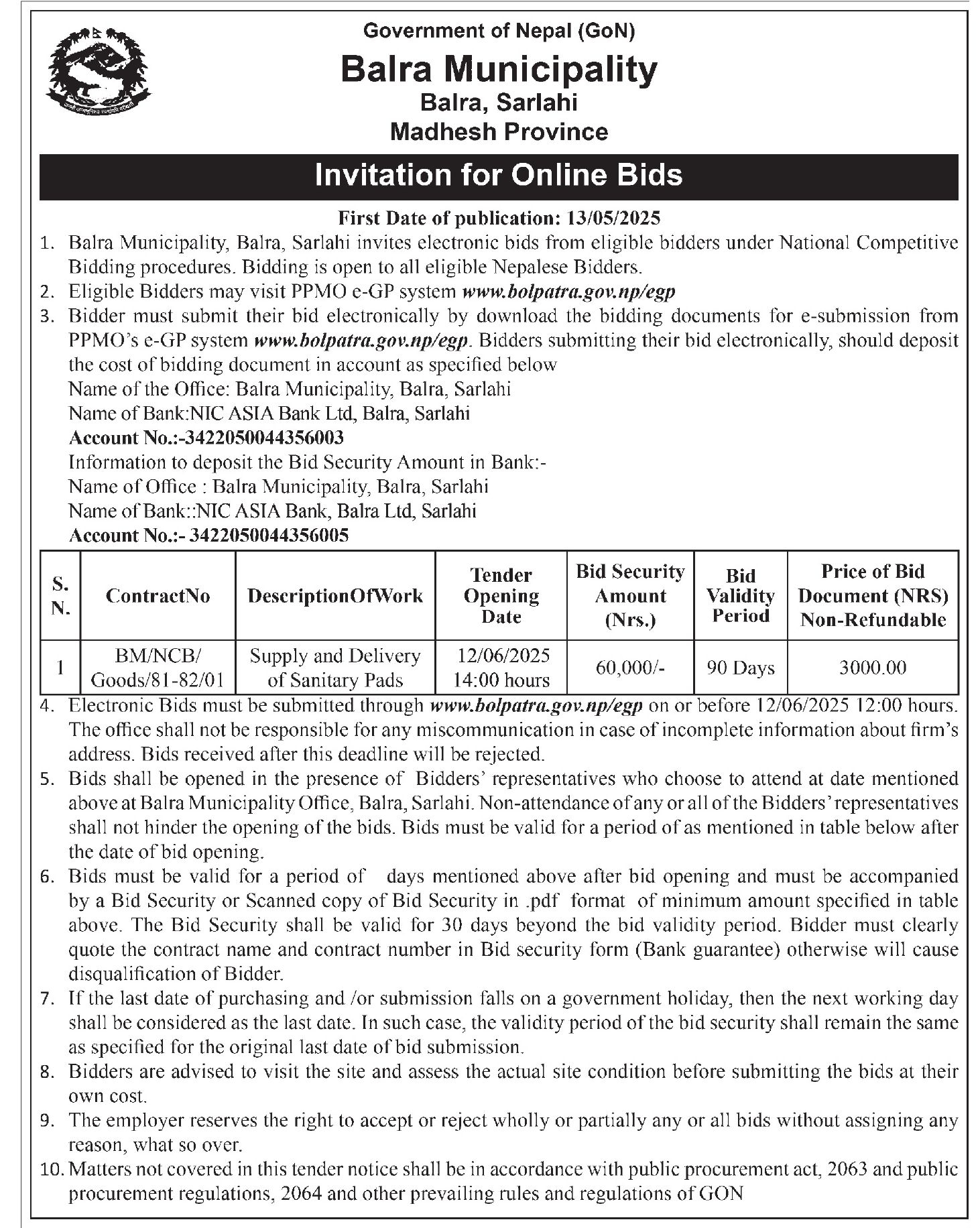Invitation for Online Bids for Supply and Delivery of Sanitary Pads
