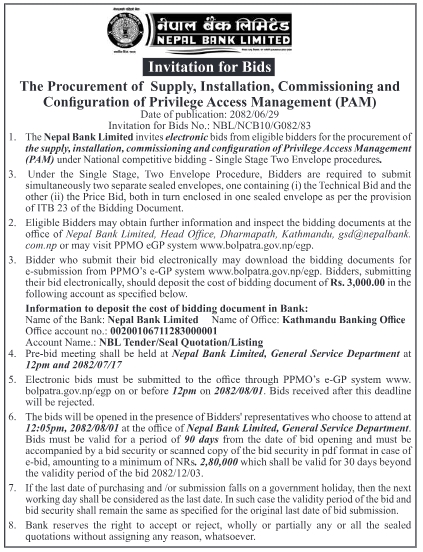 Invitation For E-bid For Procurement, Supply, Installation, Commissioning And Configuration Of Privilege Access Management
