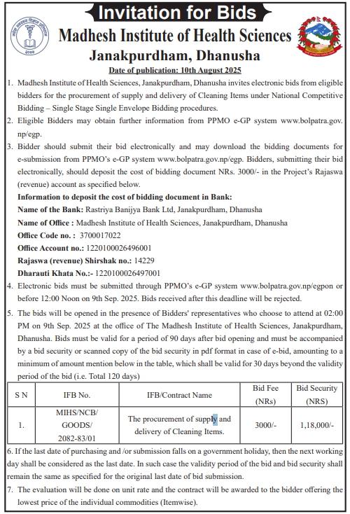 Invitation For Bids For Supply And Delivery Of Cleaning Items