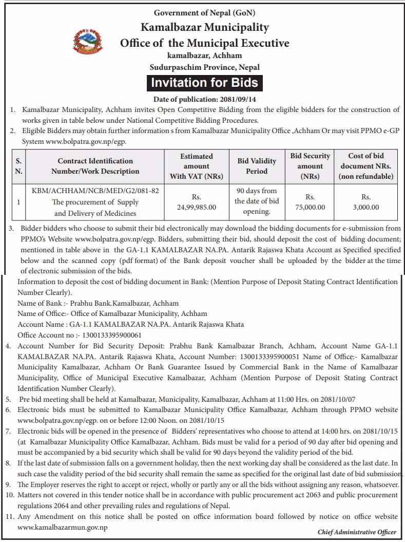 Invitation for Bids for Procurement of Supply and Delivery of Medicines