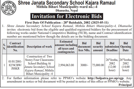 Invitation for Electronic Bids for Construction of Two Story Four Classrooms School Building