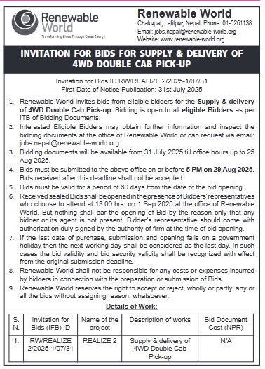 Invitation For Bids For Supply & Delivery Of 4wd Double Cab Pick-up