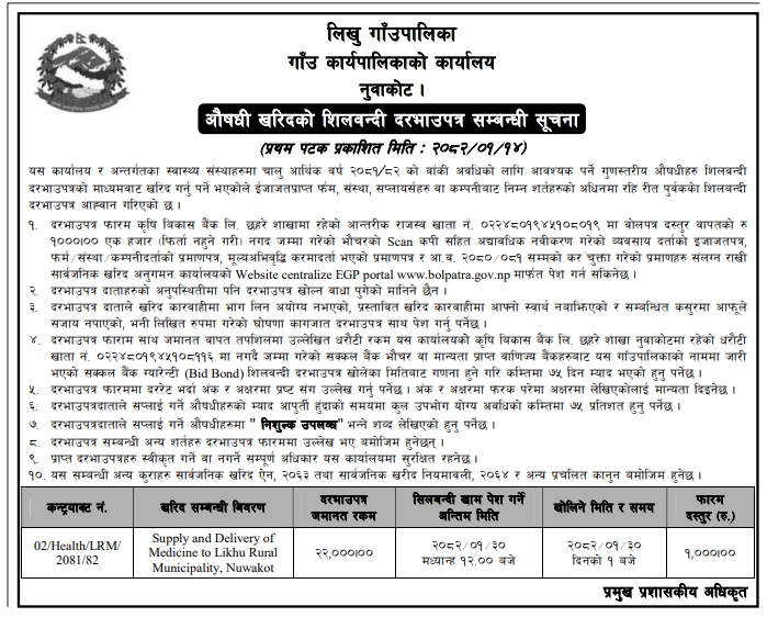 औषधी खरिदको शिलवन्दी दरभाउपत्र सम्बन्धी सूचना
