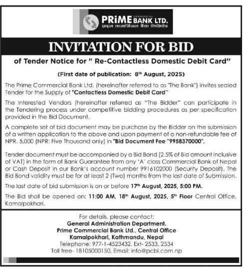 Invitation For Bid For Re-contactless Domestic Debit Card Supply