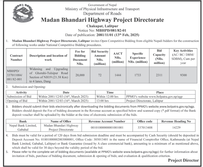 Invitation for Bids for Construction Works - Widening and Upgrading of Ghorahi-Tulsipur Road Section of NH19 (21.58 Km) to 4 lanes, Dang