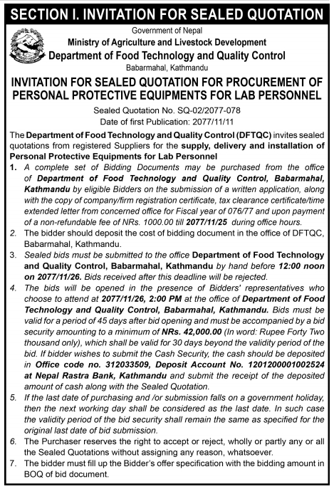 Supply, Delivery and Installation of Personal Protective Equipment for Lab Personnel