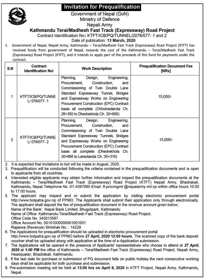 Kathmandu Terai/Madhesh Fast Track (Expressway) Road Project- Planning, Design, Engineering, Procurement, Construction, and Commissioning of Twin Double Lane Standard Expressway Tunnel, Bridges and Expressway Works