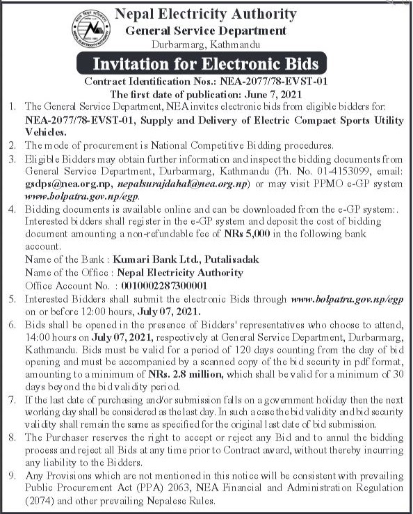 Supply and Delivery of Electric Compact Sports Utility Vehicles