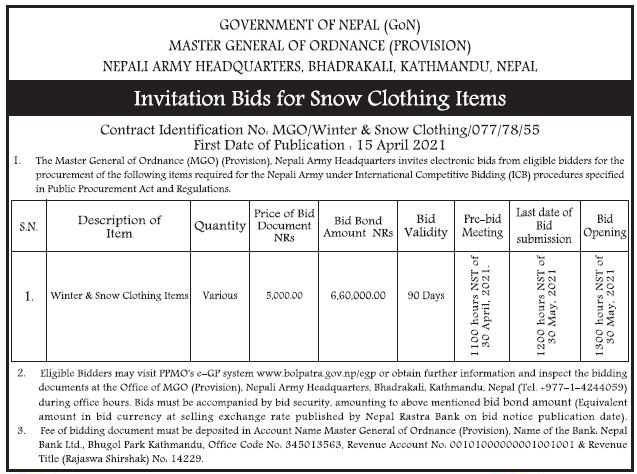 The Procurement Of The Winter & Snow Clothing Items