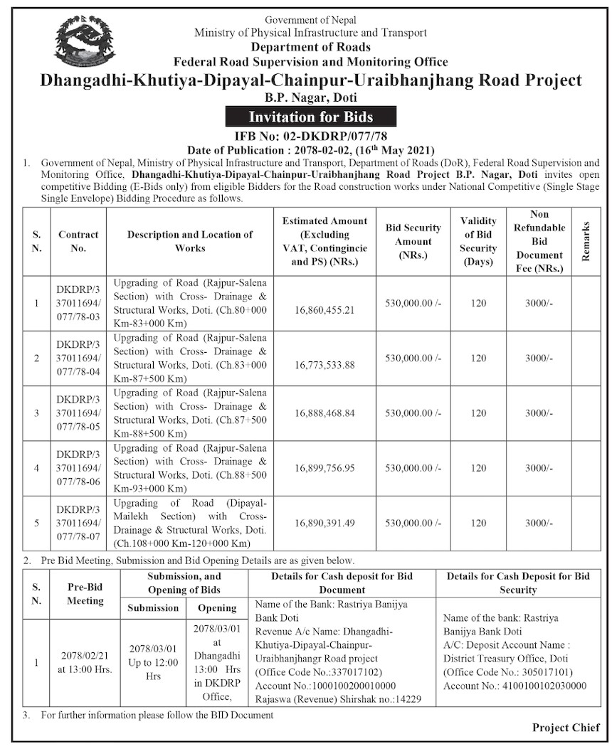 Infrastructure and Transport, Department of Roads (DoR), Federal Road Supervision and Monitoring Office.