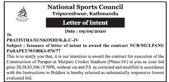 Letter of Intent: Construction of Parapet at Mulpani Cricket Stadium (Phase-IV)
