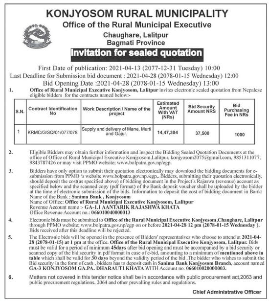 Supply and Delivery of Mane, Murti and Gajur
