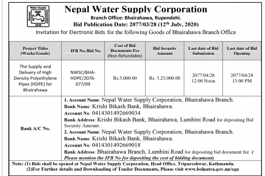 The Supply and Delivery of High Density Polyethylene Pipes (HDPE) for Bhairahawa