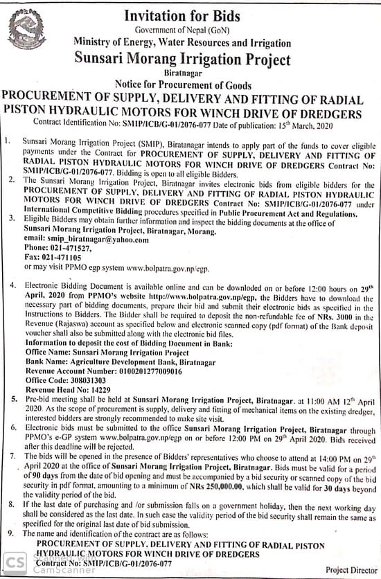 Sunsari Morang Irrigation Project (SMIP) - Contract for Procurement of Supply, Delivery and Fitting of Radial piston Hydraulic Motors for Winch Drive of Dredgers