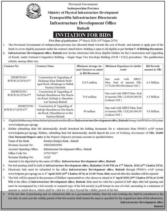 Ministry of Physical Infrastructure Development - Construction & Upgrading of Satbajh Shreebhawar Hat Darchula Road, (Satbajh to Shreebhawar Section) Baitadi