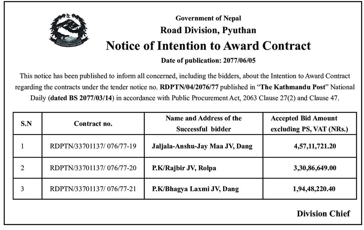 Notice of Intention to Award Contract
