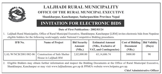 Invitation For Electronic Bids For The Construction Of A Safe Shelter House In Laljhadi Rural Municipality