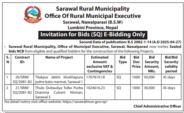 Invitation for Bids for Construction of Roads and Culvert