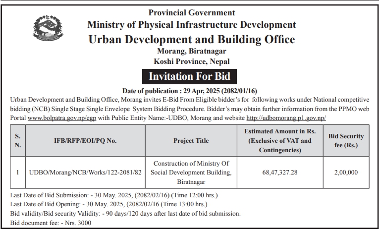 Invitation For Bid for Construction of Ministry of Social Development Building