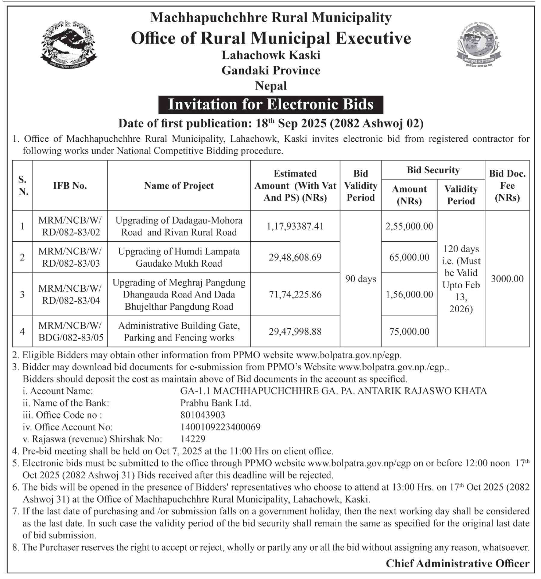 Invitation For Bid For Upgrading Roads And Administrative Building Works