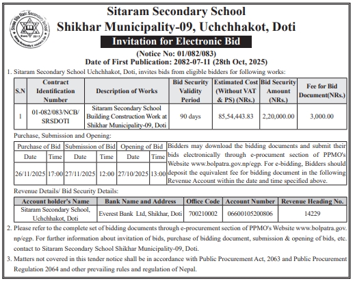 Invitation For Electronic Bid For Building Construction Work At Sitaram Secondary School, Shikhar Municipality-09, Doti