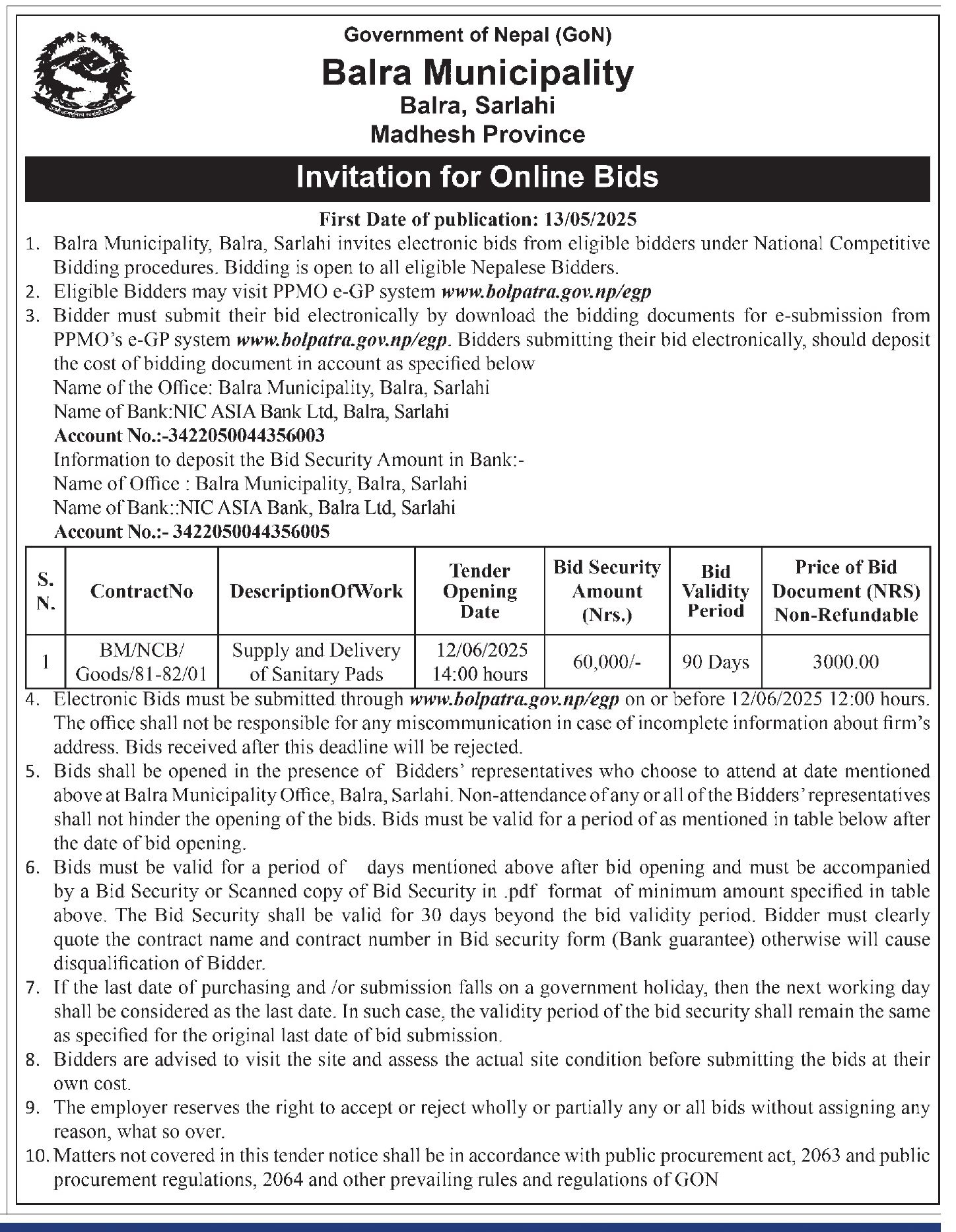 Invitation for Online Bids for Supply and Delivery of Sanitary Pads