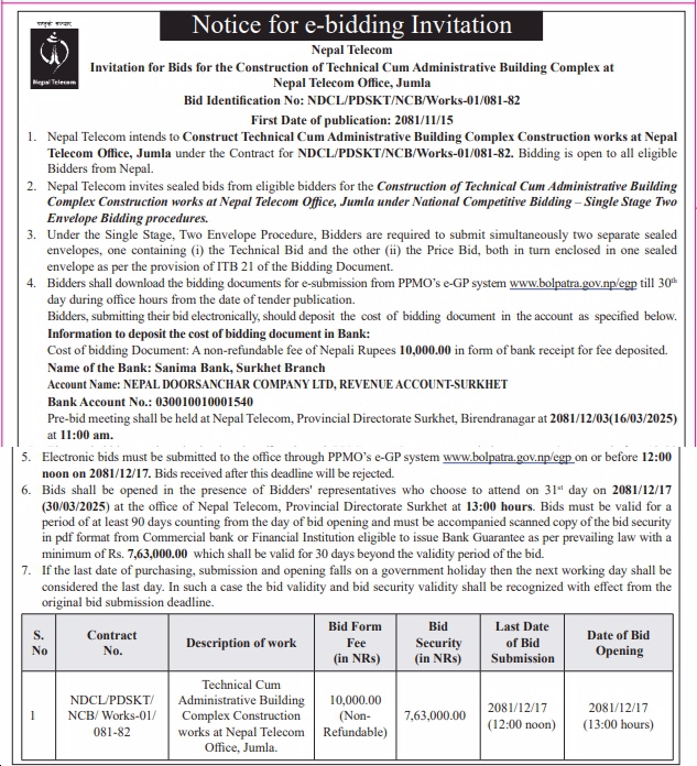 Invitation for Bids for the Construction of Technical Cum Administrative Building Complex at Nepal Telecom Office, Jumla