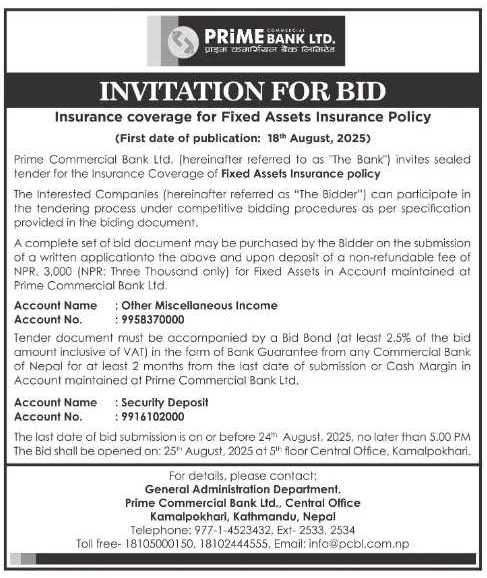 Invitation For Bids For Insurance Coverage Of Fixed Assets