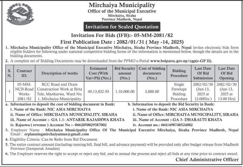 Invitation for Sealed Quotation for RCC Road and Drain Construction Works