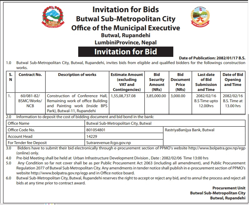 Invitation for Bid for Construction of Conference Hall and Remaining Works of Office Building