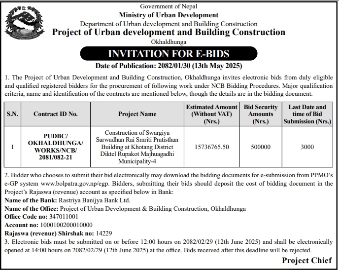 Invitation for e-Bids for Construction of Swargiya Sarwadhan Rai Smriti Pratisthan Building at Khotang District