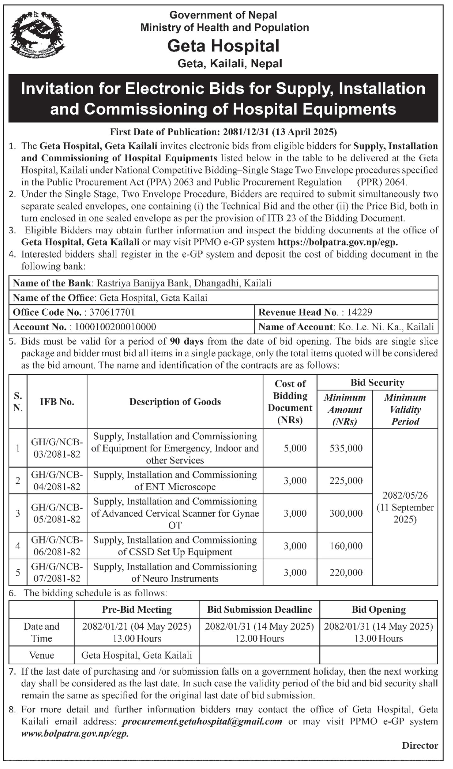 Invitation for Electronic Bids for Supply, Installation and Commissioning of Hospital Equipment