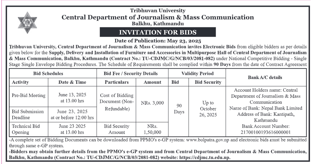 Invitation For Bids For Supply, Delivery And Installation Of Furniture And Accessories In Multipurpose Hall Of Central Department Of Journalism & Mass Communication