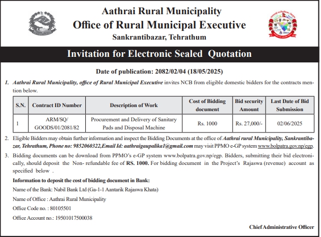 Invitation for Electronic Sealed Quotation For Procurement and Delivery of Sanitary Pads and Disposal Machine