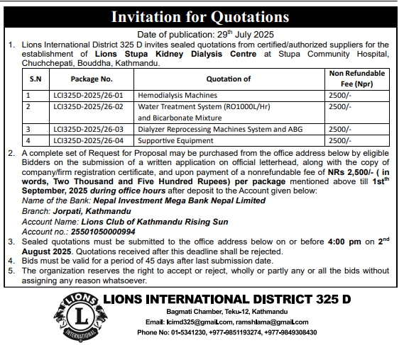 Invitation For Bid For Supply And Installation Of Equipment For Lions Stupa Kidney Dialysis Centre