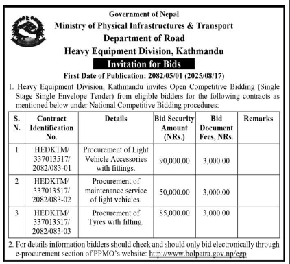 Invitation For Bids For Procurement Of Vehicle Accessories, Maintenance Service, And Tyres