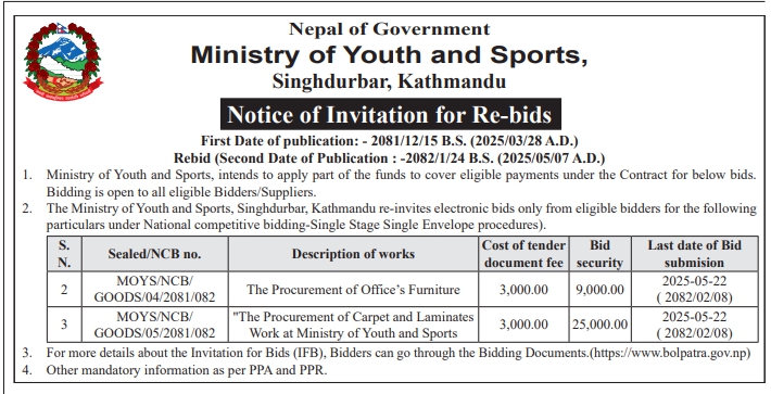 Notice of Invitation for Re-bids for Procurement of Office's Furniture and Carpet and Laminates Work