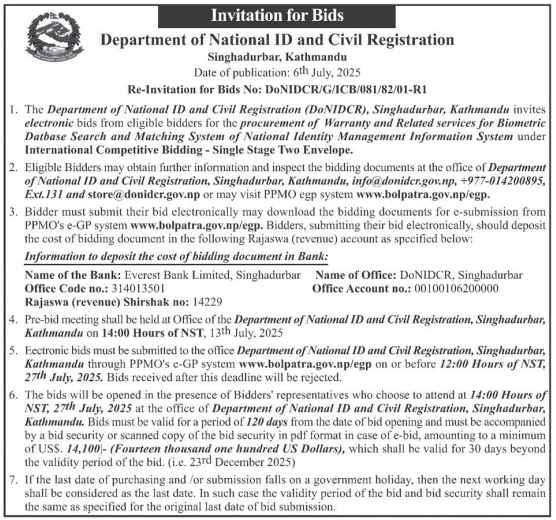 Re-invitation For Bids For Procurement Of Warranty And Related Services For Biometric Database System