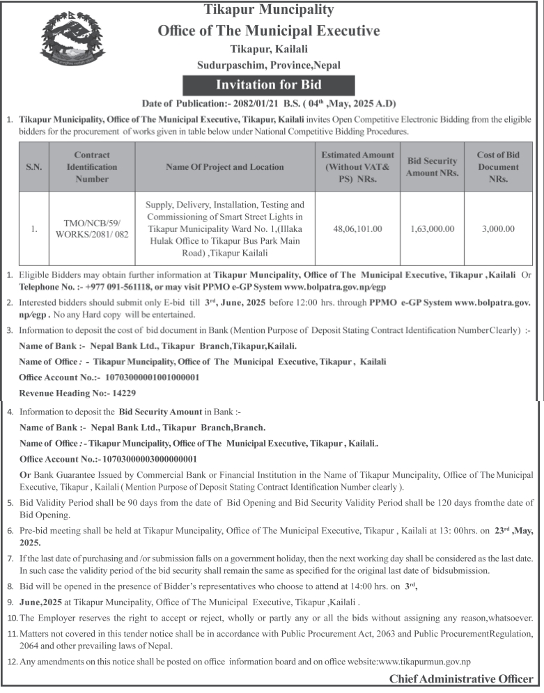 Invitation for Bid for Supply, Delivery, Installation, Testing and Commissioning of Street Lights