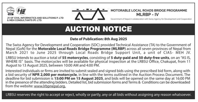 Auction Notice For Motorcycles Under Motorable Local Roads Bridge Programme