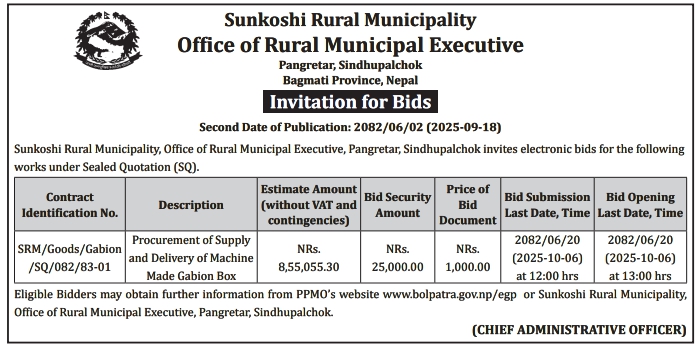 Invitation For Bids For Procurement And Delivery Of Machine-Made Gabion Box