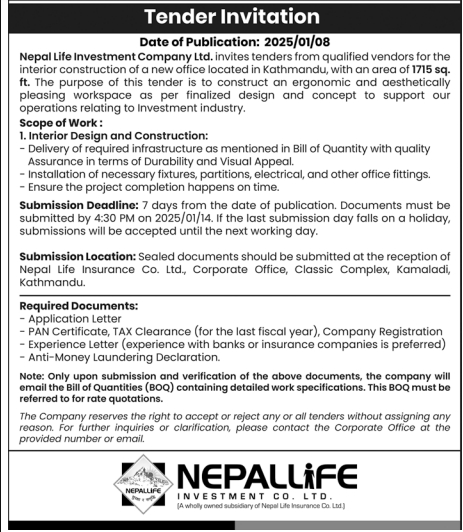 Tender Invitation for Interior Construction of New Office