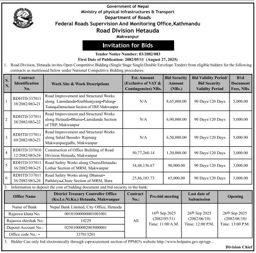 Invitation For Bid For Road Improvement, Structural, And Office Building Works In Makwanpur