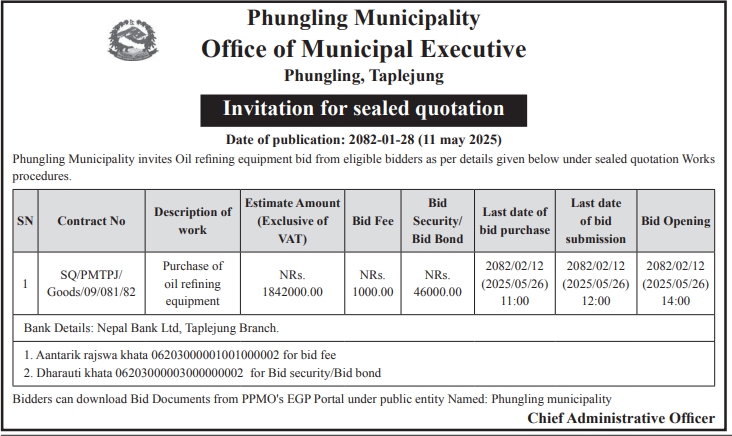Invitation for Sealed Quotation for Purchase of Oil Refining Equipment