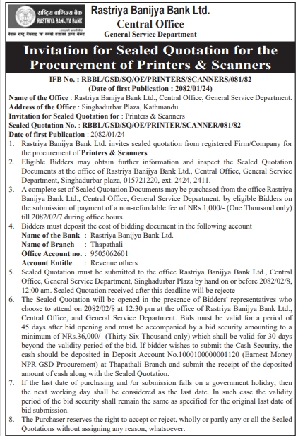 Invitation for Sealed Quotation for the Procurement of Printers & Scanners
