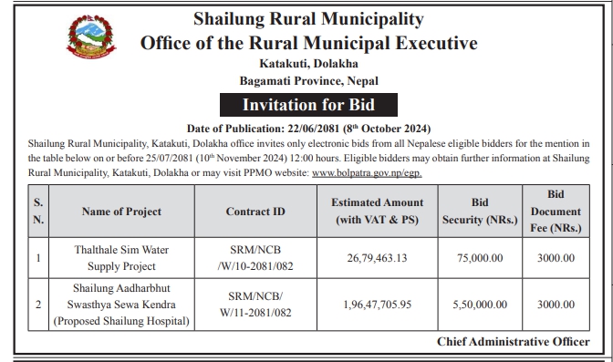 Invitation for Bid for Thalthale Sim Water Project and Shailung Aadharbhut Swasthya Sewa Kendra